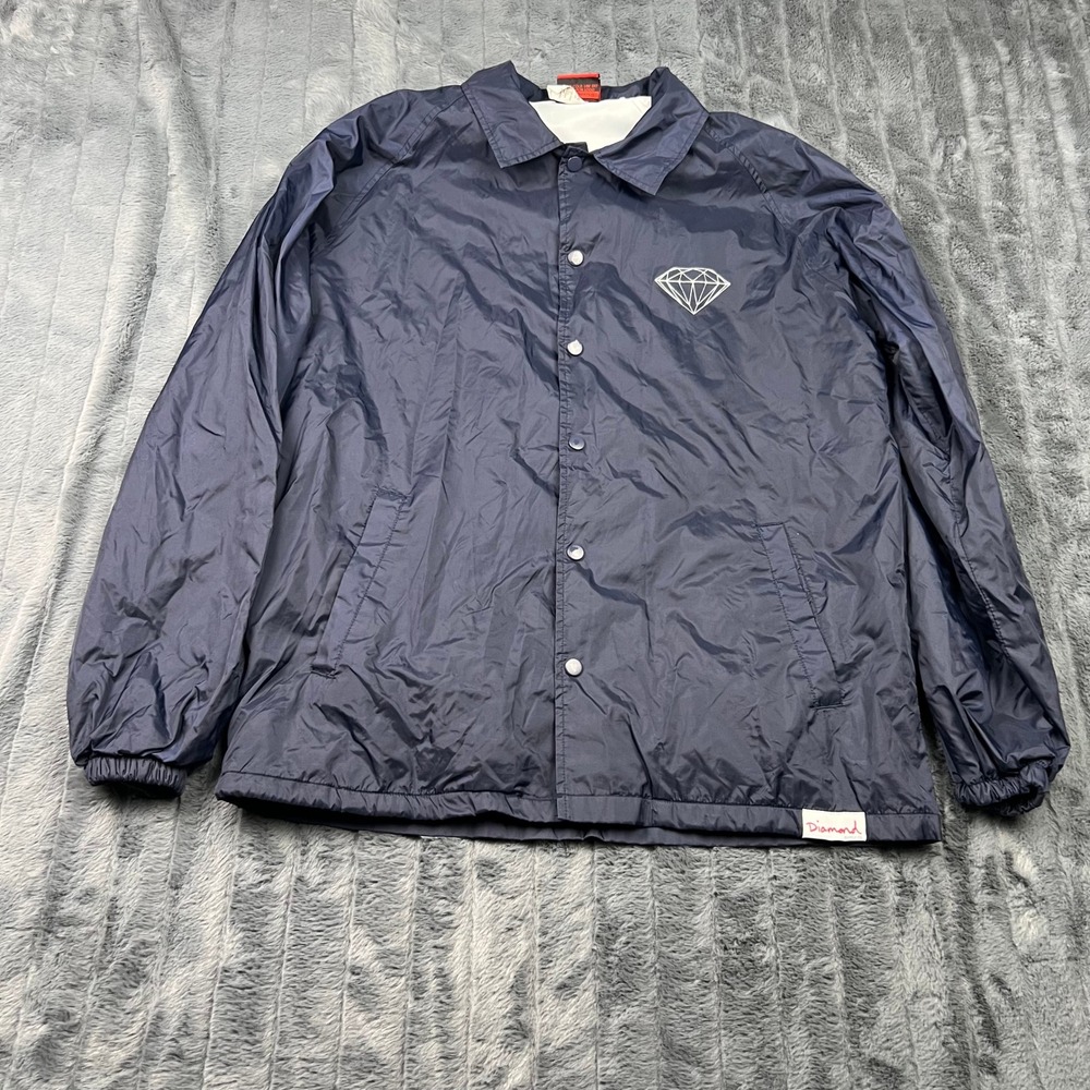 Diamond Supply Co Mens Navy Blue Nylon Mesh Lined Coach Jacket Windbreaker L